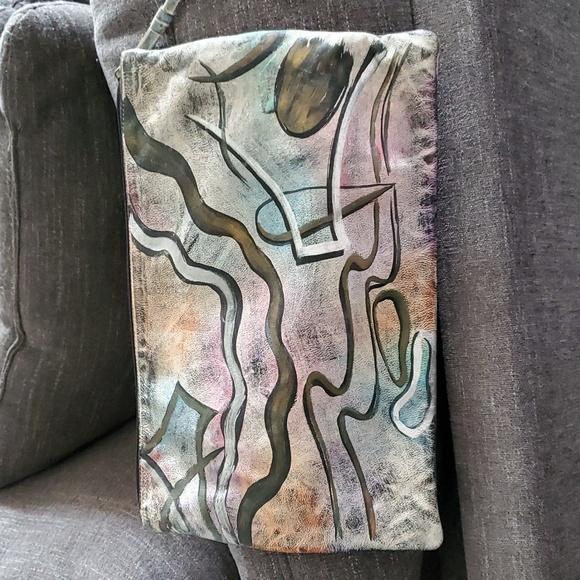 VINTAGE 80S 90s LARGE WRISTLET HAND BAG CONTEMPORARY HAND PAINTED LEATHER - Picture 6 of 11